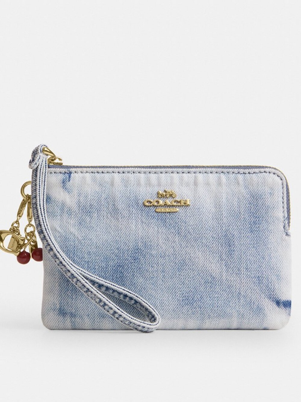 Coach Corner Zip Wristlet In Loved Denim With Charms